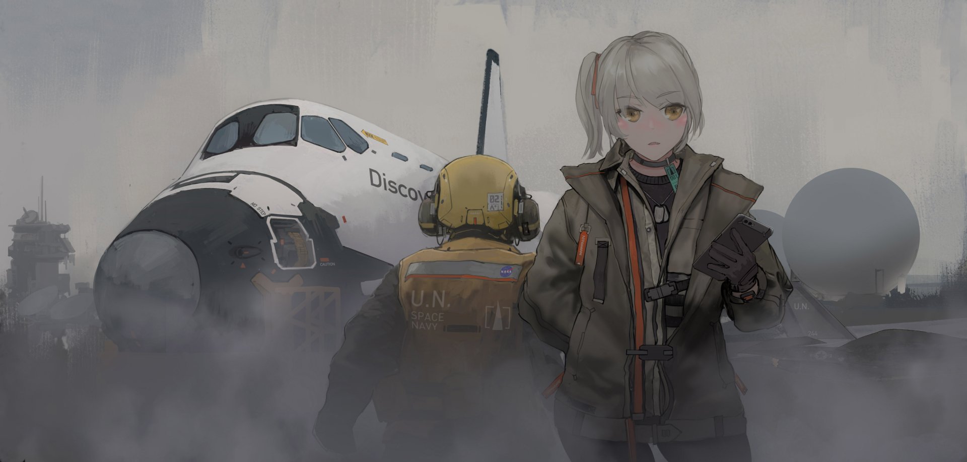 Anime original character with white hair and yellow eyes stands in foggy surroundings near a space shuttle, rendered as a 4K Ultra HD PC desktop wallpaper.