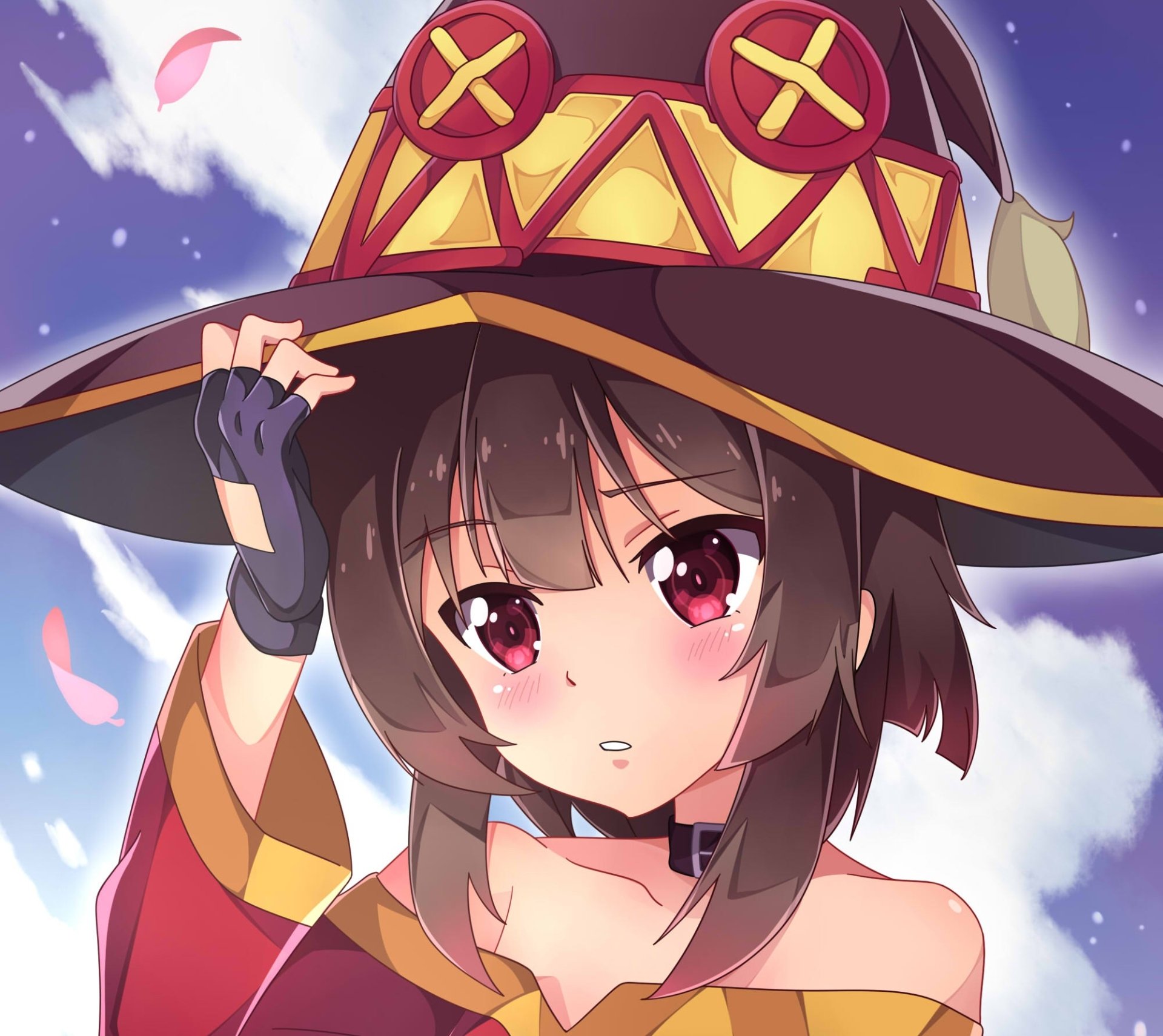 HD PC desktop wallpaper featuring Megumin from the anime KonoSuba: God’s Blessing on This Wonderful World!!, showcasing her signature witch hat and vibrant colors.