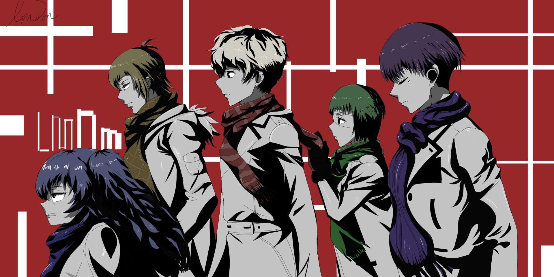 HD wallpaper featuring Tokyo Ghoul:re characters Ken Kaneki, Haise Sasaki, Ginshi Shirazu, Tooru Mutsuki, Saiko Yonebayashi, and Kuki Urie against a red background with white geometric elements.