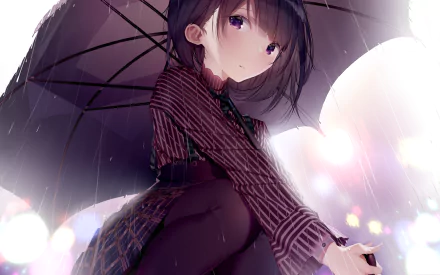 Anime-style original character with short brown hair and purple eyes holding an umbrella in the rain, rendered as a high-definition PC desktop wallpaper.