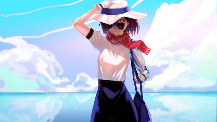Anime-style HD desktop wallpaper featuring a character with pink eyes wearing a hat and scarf, carrying a bag, set against a bright ocean backdrop.