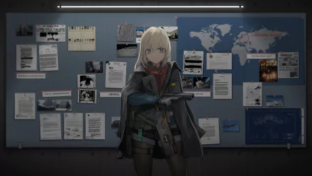 Anime-style original 4K Ultra HD desktop wallpaper featuring a blonde soldier in tactical gear standing confidently before a detailed investigation board.