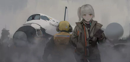 Anime original character with white hair and yellow eyes stands in foggy surroundings near a space shuttle, rendered as a 4K Ultra HD PC desktop wallpaper.