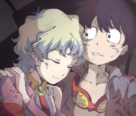 HD anime desktop wallpaper featuring Nia Teppelin resting her head on Simon from Tengen Toppa Gurren Lagann, capturing a tender moment between the characters.