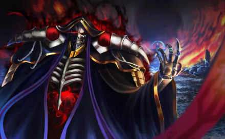 HD desktop wallpaper of Ainz Ooal Gown from the anime Overlord, featuring him in a dramatic stance with a fiery background.