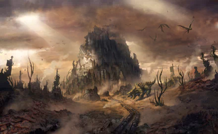 A towering, ruined sci-fi city looms over a desolate, post-apocalyptic landscape with strange creatures roaming under a dark, ominous sky.