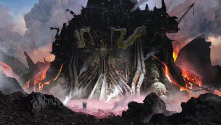 A dark, sci-fi fantasy castle with ominous spires and glowing lava flows, rendered in stunning 4K Ultra HD as a dramatic PC desktop wallpaper.