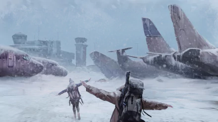 Futuristic sci-fi scene with people walking through a snowy, abandoned aircraft graveyard, captured in stunning 4K Ultra HD detail for PC desktop wallpaper.