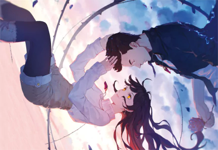 Anime-style original HD desktop wallpaper featuring a boy and girl lying on the ground, gazing at each other amidst a dreamy, colorful sky background.