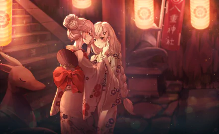 HD desktop wallpaper featuring Yae Sakura and Kallen Kaslana from Honkai Impact 3rd in a yuri-themed scene, beautifully set in a warmly lit traditional Japanese festival backdrop.