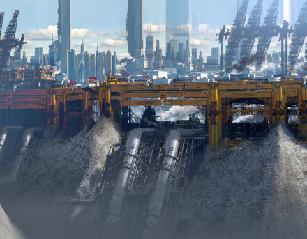 A detailed 4K Ultra HD sci-fi cityscape featuring massive industrial structures and towering futuristic skyscrapers under a cloudy sky.