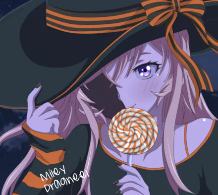 HD PC wallpaper of Erina Nakiri (Food Wars: Shokugeki no Soma) as an anime Halloween witch, violet eyes and pink hair, holding an orange-and-white lollipop against a dark night background.