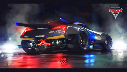 HD PC desktop wallpaper featuring Jackson Storm from the movie Cars 3, showcasing the sleek, futuristic race car with vibrant lighting and reflections.