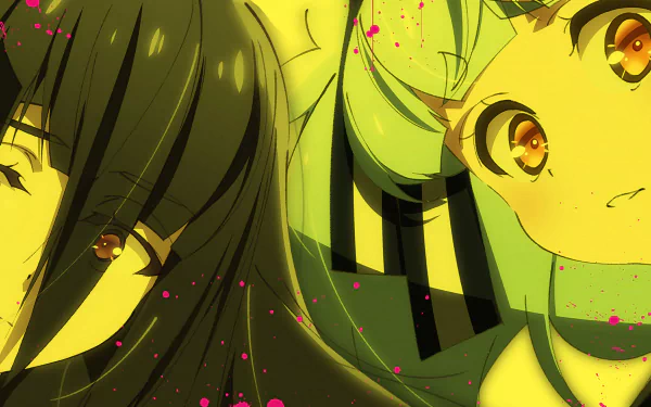 HD anime desktop wallpaper featuring Lily Hoshikawa and Tae Yamada from Zombie Land Saga with vibrant yellow-green tones and pink splatter accents.