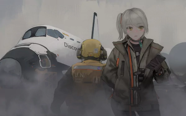 Anime original character with white hair and yellow eyes stands in foggy surroundings near a space shuttle, rendered as a 4K Ultra HD PC desktop wallpaper.