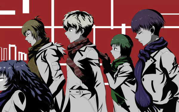 HD wallpaper featuring Tokyo Ghoul:re characters Ken Kaneki, Haise Sasaki, Ginshi Shirazu, Tooru Mutsuki, Saiko Yonebayashi, and Kuki Urie against a red background with white geometric elements.