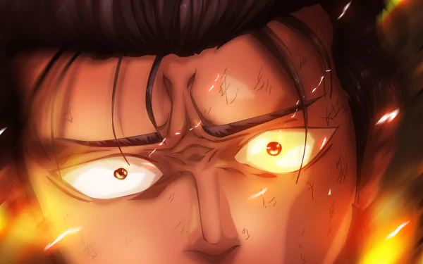 Close-up of Metal Bat from One-Punch Man anime, glowing eyes and intense expression, captured in a dynamic HD PC desktop wallpaper background.