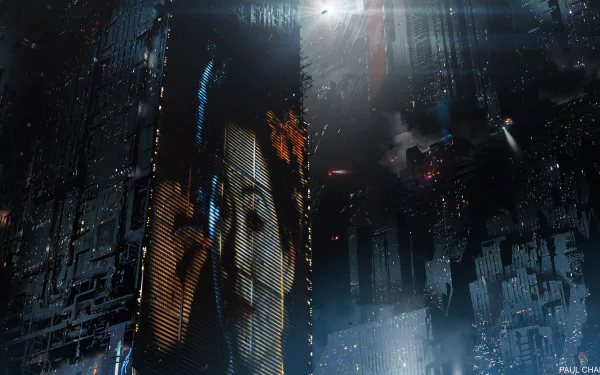 Blade Runner 2049 4K Ultra HD PC desktop wallpaper: moody neon cyberpunk skyline with a towering holographic female face on a rain-soaked skyscraper.