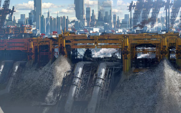 A detailed 4K Ultra HD sci-fi cityscape featuring massive industrial structures and towering futuristic skyscrapers under a cloudy sky.