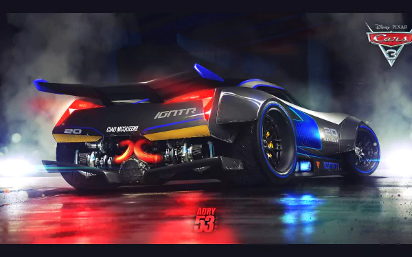 HD PC desktop wallpaper featuring Jackson Storm from the movie Cars 3, showcasing the sleek, futuristic race car with vibrant lighting and reflections.