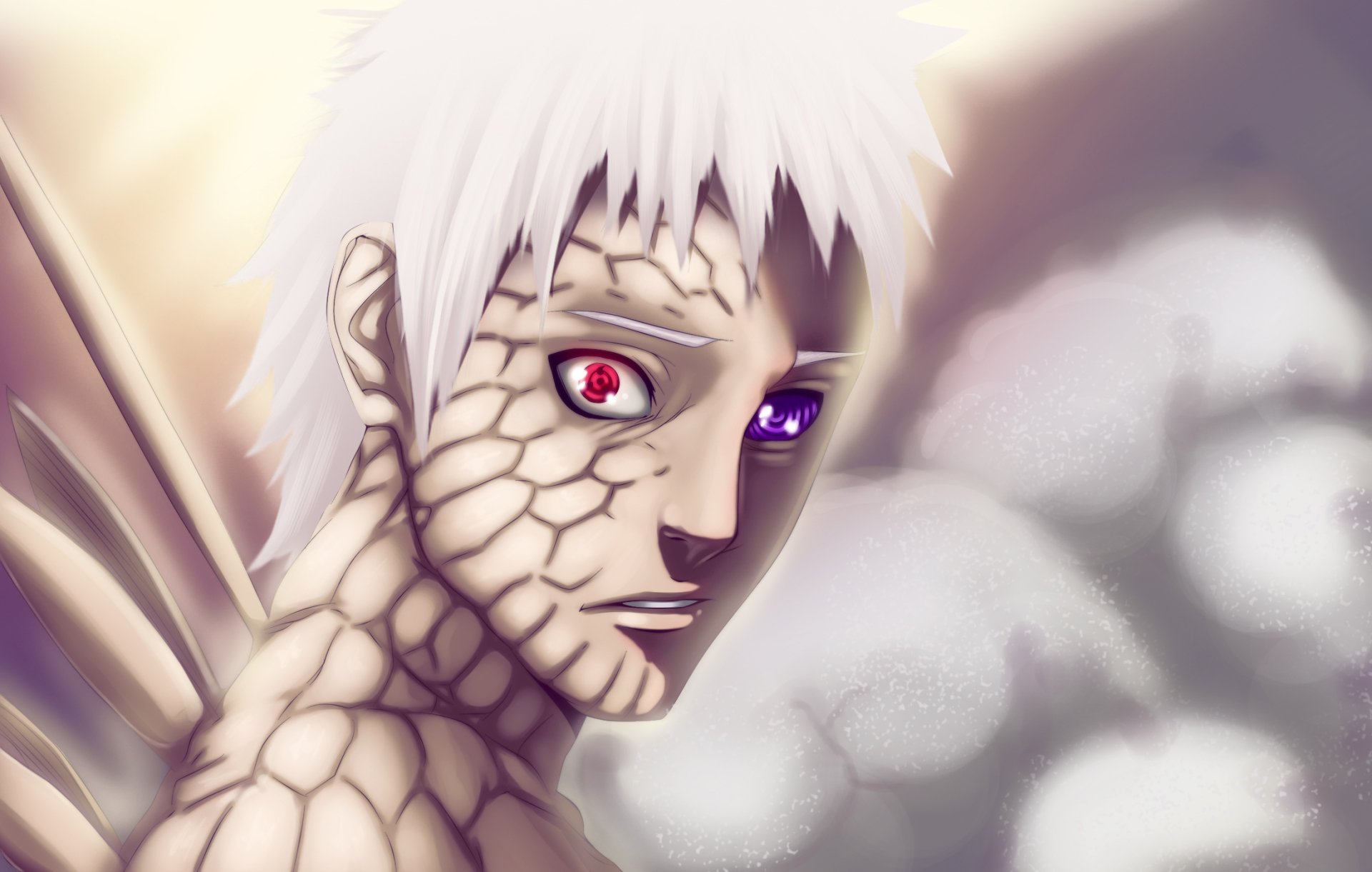 HD desktop wallpaper featuring Obito Uchiha from the anime Naruto, showcasing his cracked skin and distinctive Sharingan and Rinnegan eyes.