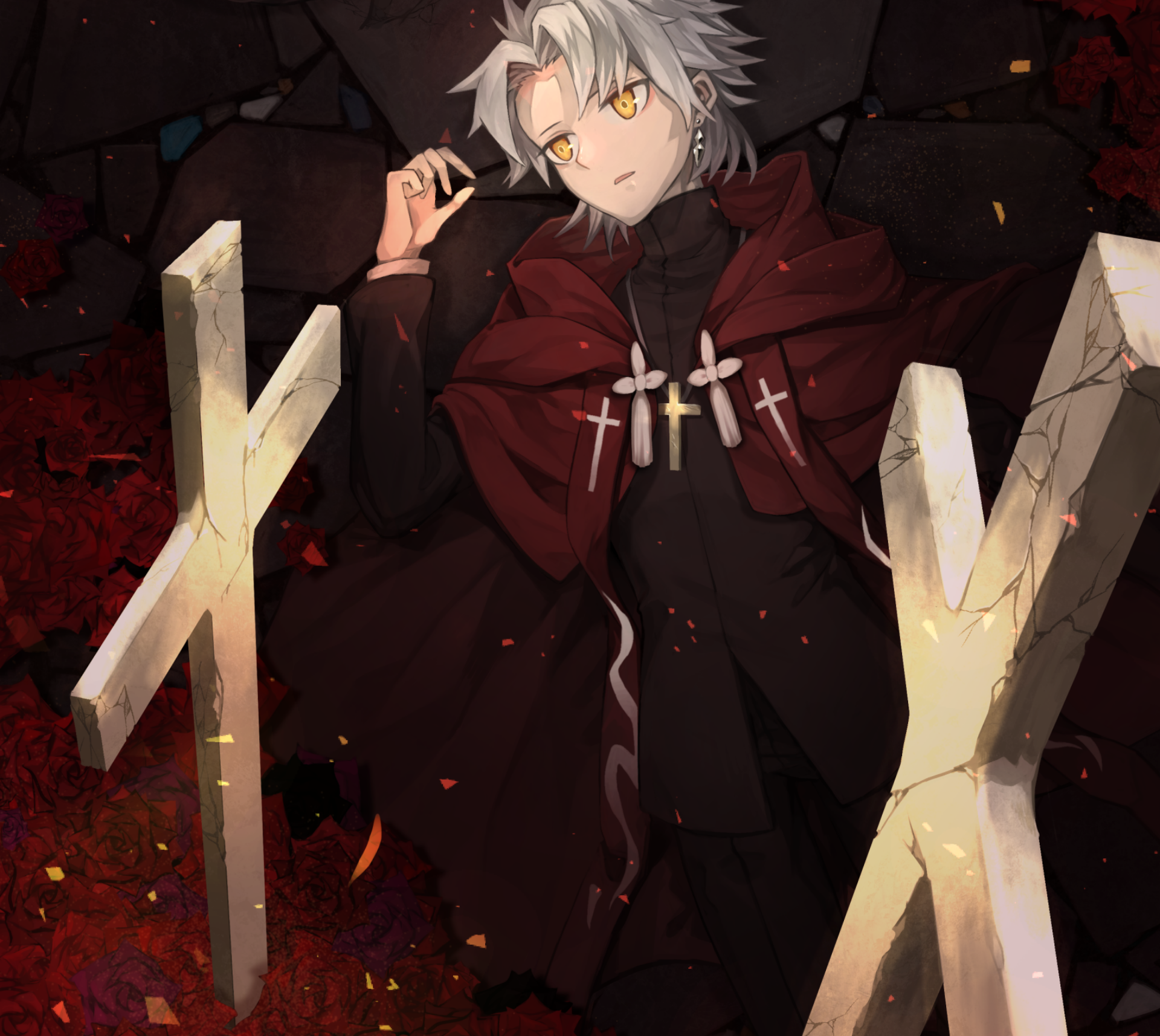HD PC wallpaper featuring Amakusa Shirou as Ruler from Fate/Grand Order, depicted in a dark, intense anime style with glowing crosses and a dramatic atmosphere.