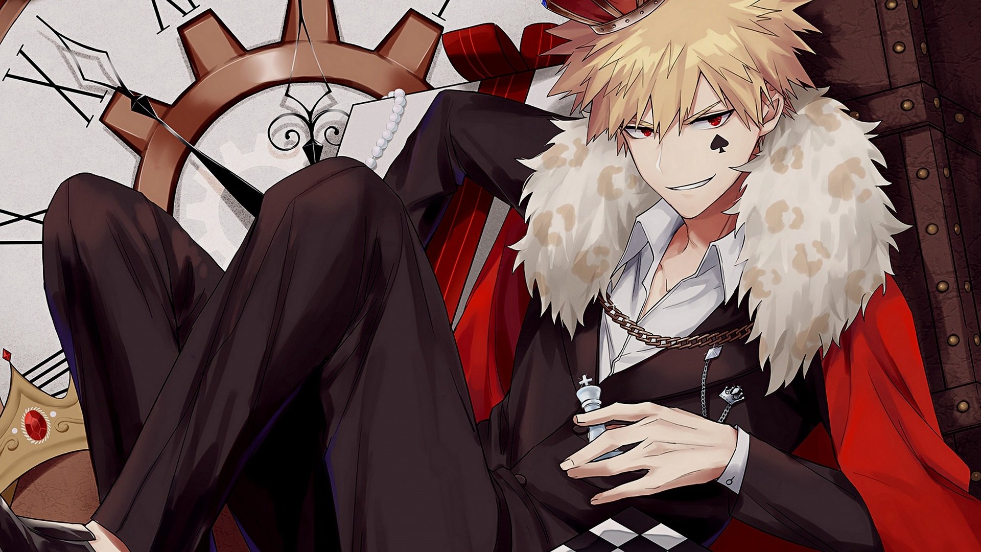 HD PC desktop wallpaper featuring Katsuki Bakugou from the anime My Hero Academia in a confident pose with detailed attire and background elements.