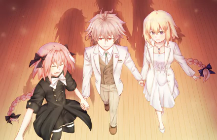 HD PC wallpaper from Fate/Apocrypha: Astolfo, Sieg, and Jeanne d'Arc (Fate series) holding hands, walking toward the viewer across a warm wooden floor.
