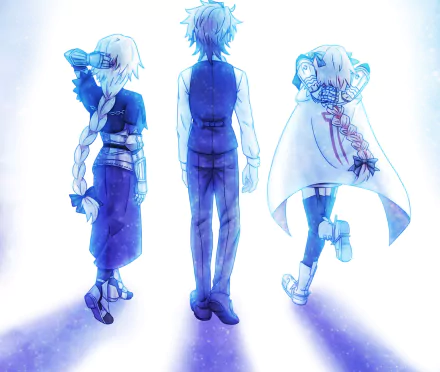 HD PC desktop wallpaper background: blue-toned anime art of Jeanne d'Arc (Fate Series), Sieg, and Astolfo (Fate/Apocrypha) walking away.