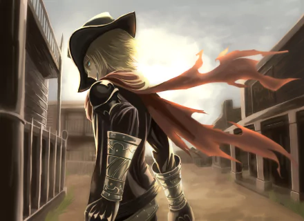 HD PC desktop wallpaper: anime-style Billy the Kid from Fate/Grand Order stands in a sunlit western street, red scarf trailing behind, armored gauntlets and a dramatic backlit pose.