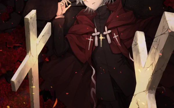 HD PC wallpaper featuring Amakusa Shirou as Ruler from Fate/Grand Order, depicted in a dark, intense anime style with glowing crosses and a dramatic atmosphere.