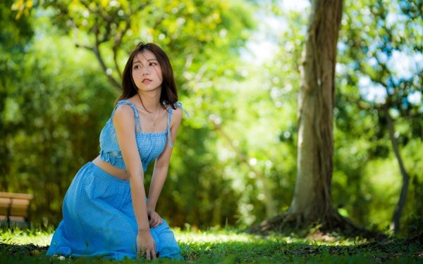 Mujeres Asiática Modelo Blue Dress Depth Of Field Morena Fondo de pantalla HD | Fondo de Escritorio