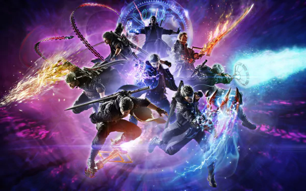 HD desktop wallpaper featuring Nero from Devil May Cry 5, showcasing dynamic action scenes and vibrant colors from the video game.