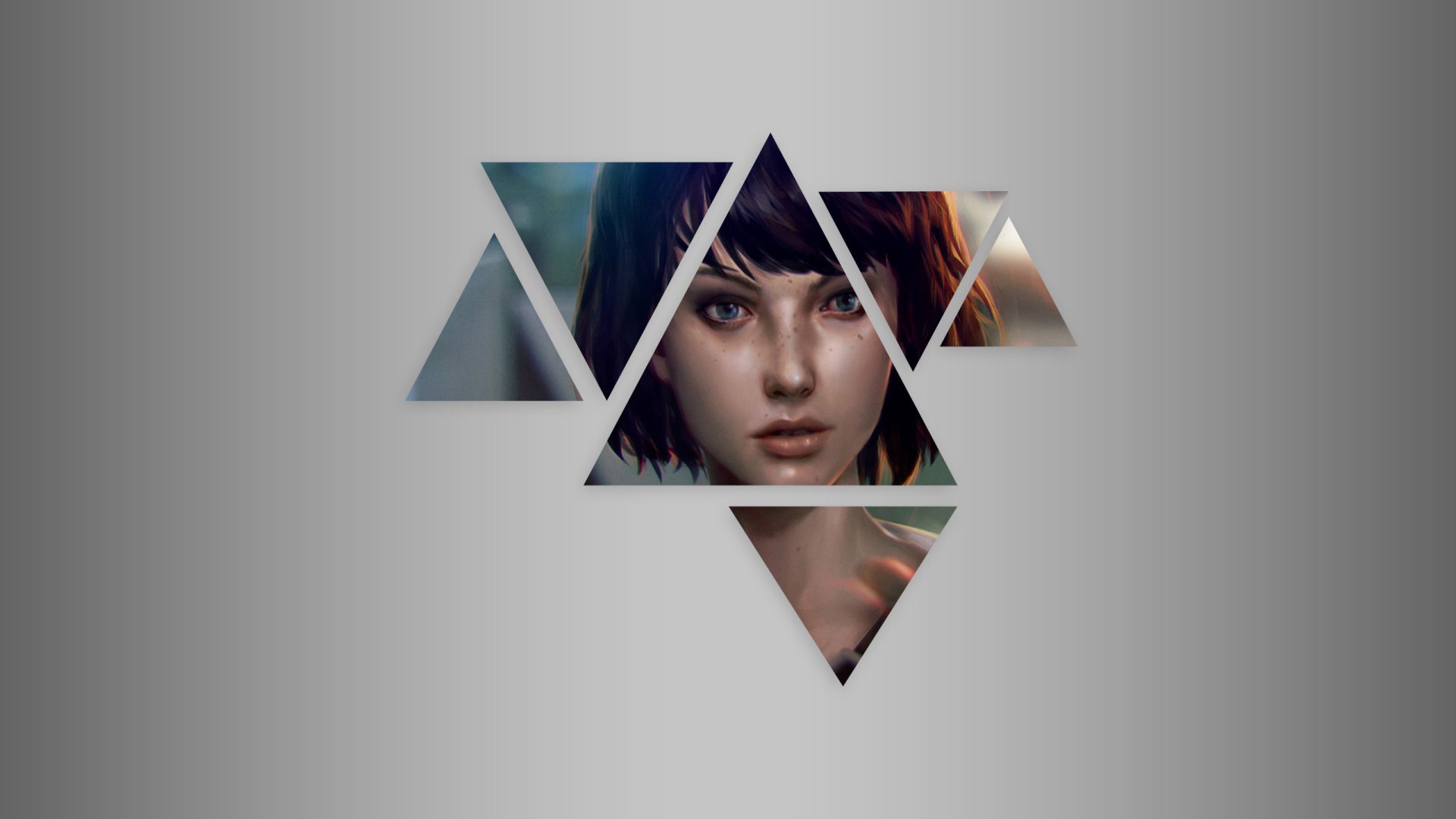 HD PC desktop wallpaper showing a triangular collage of Max Caulfield's face from the video game Life Is Strange against a muted gray gradient background.