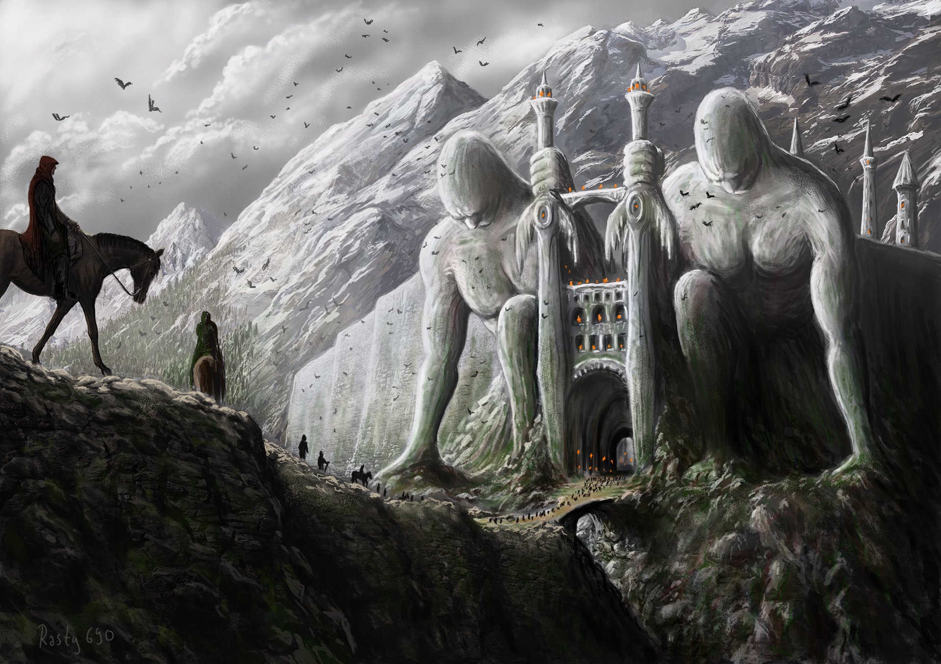 Fantasy adventure HD PC desktop wallpaper and background: riders approach a colossal mountain gateway carved as seated stone giants, mist-shrouded valley and small figures on the path.