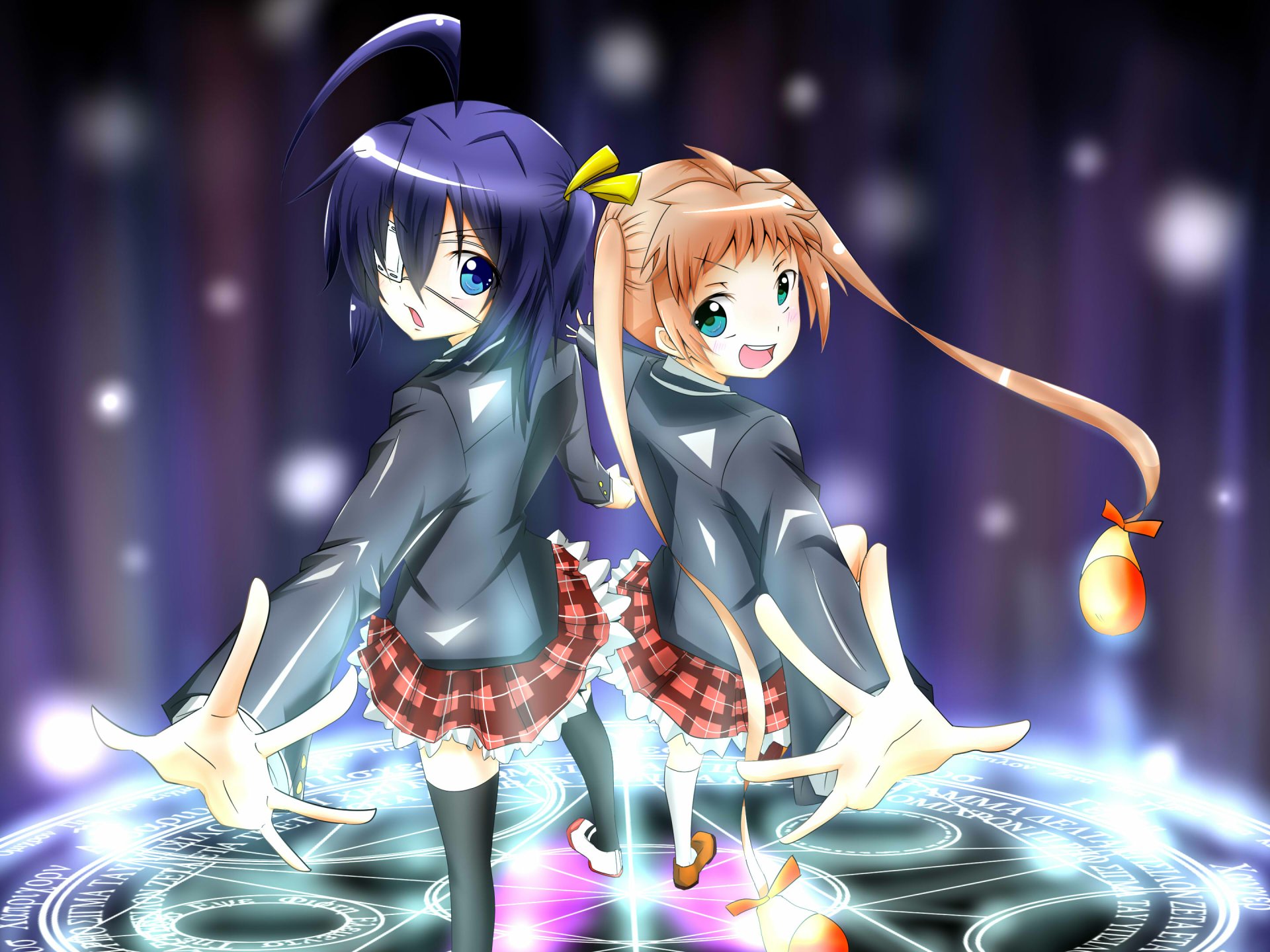 HD anime wallpaper featuring Sanae Dekomori and Rikka Takanashi from Love Chunibyo & Other Delusions, standing back-to-back with magical effects.