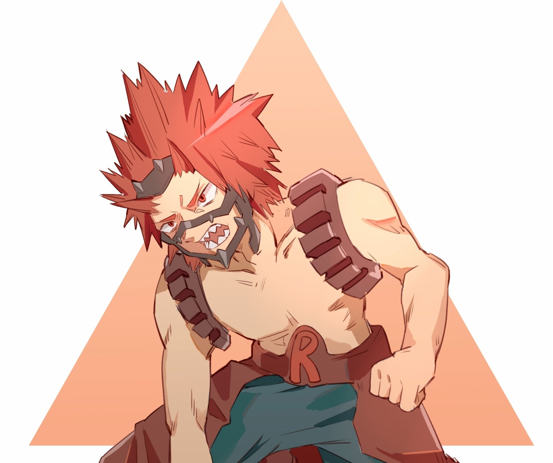 HD PC desktop wallpaper featuring Eijiro Kirishima from the anime My Hero Academia, showcasing his muscular build and signature red spiky hair against a geometric background.