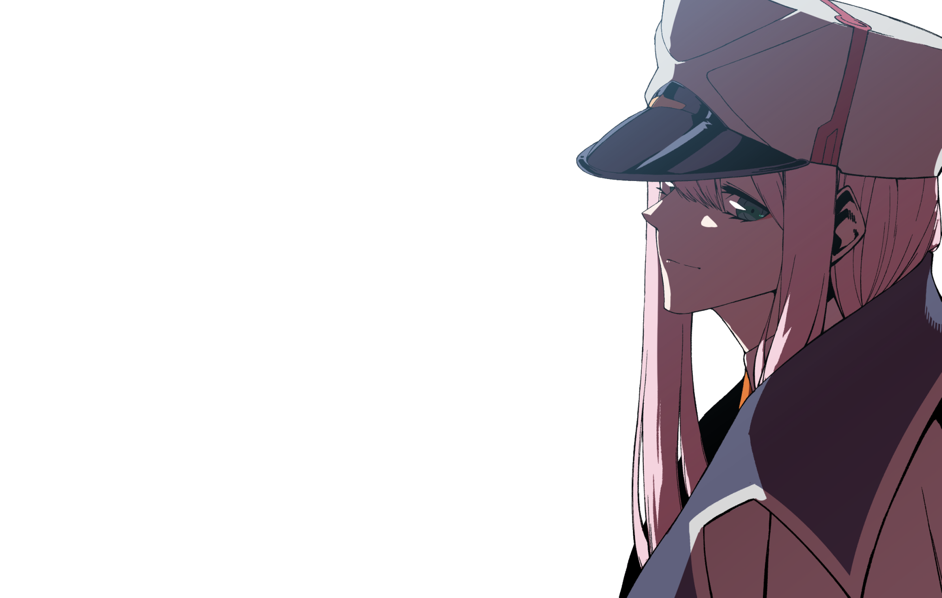 HD wallpaper featuring Zero Two from the anime Darling in the FranXX. The character is depicted in a stylish outfit and military cap against a light, minimalist background.