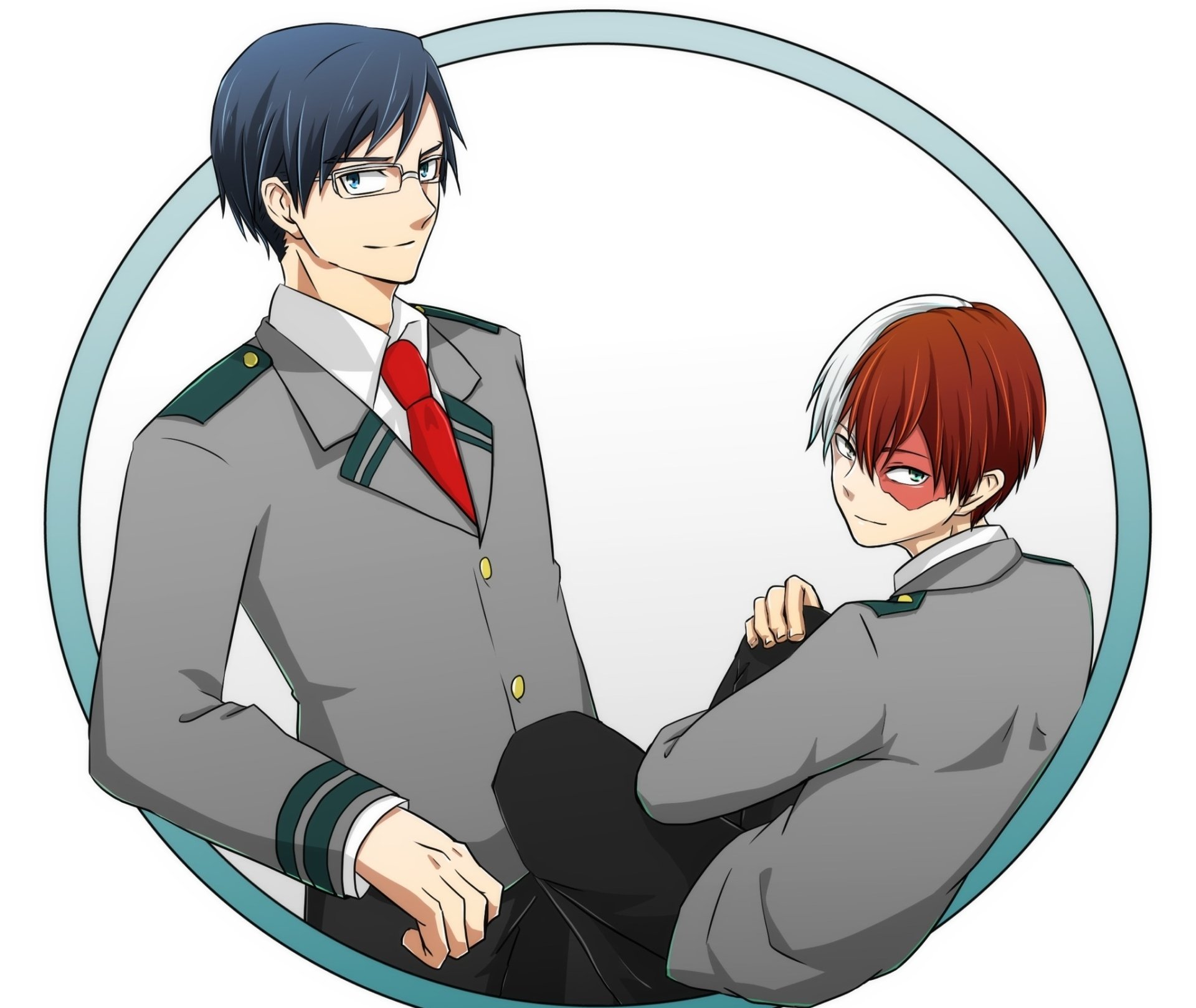 HD PC desktop wallpaper of My Hero Academia characters Tenya Iida and Shoto Todoroki in U.A. uniforms, Iida standing and Todoroki seated inside a pale circular frame.