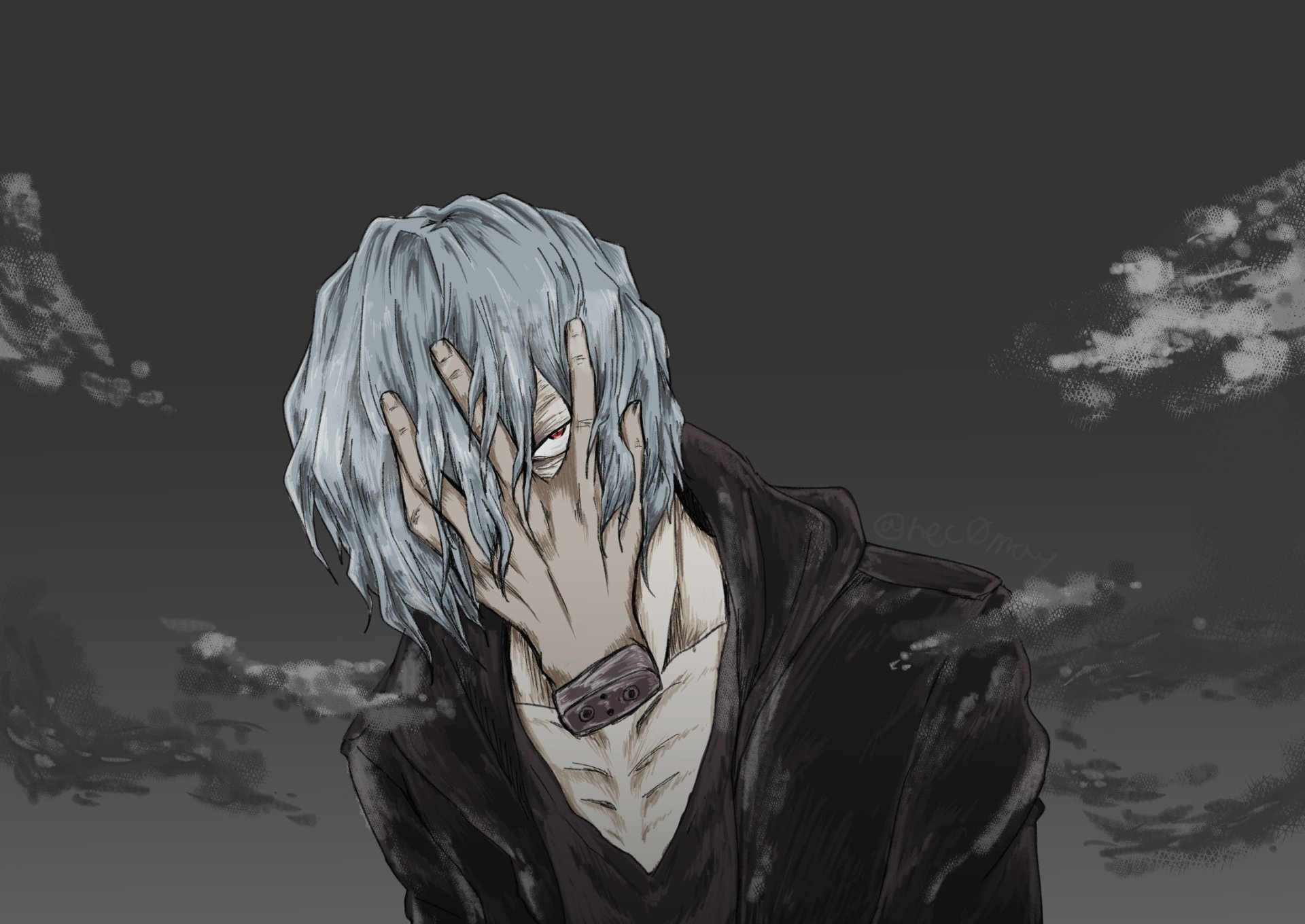 HD anime wallpaper of Tomura Shigaraki from My Hero Academia, featuring his distinctive pale hair and hand covering his face against a dark, cloudy background.