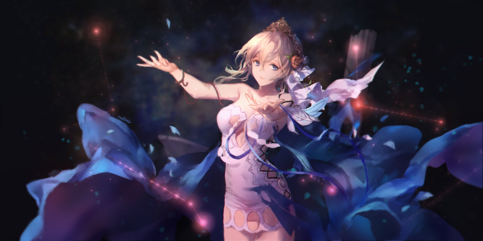 Europa from Granblue Fantasy — anime HD PC desktop wallpaper: she stands in a flowing gown amid swirling blue petals and glowing starlight against a dark, cosmic background.