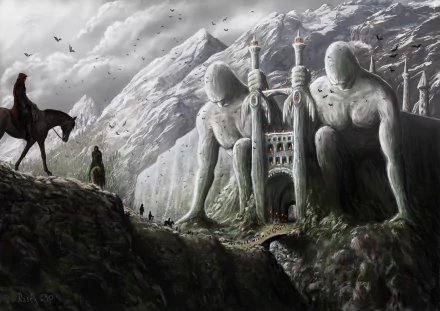 Fantasy adventure HD PC desktop wallpaper and background: riders approach a colossal mountain gateway carved as seated stone giants, mist-shrouded valley and small figures on the path.
