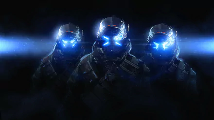 HD PC desktop wallpaper featuring three glowing blue-eyed sci-fi warriors in futuristic armor against a dark background, evoking a high-tech battle-ready atmosphere.