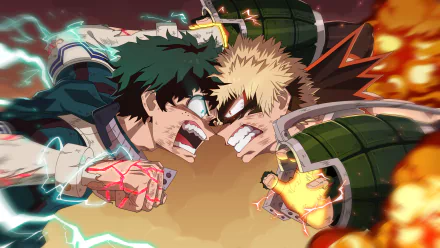 HD PC desktop wallpaper featuring Izuku Midoriya and Katsuki Bakugou from the anime My Hero Academia in an intense battle pose.