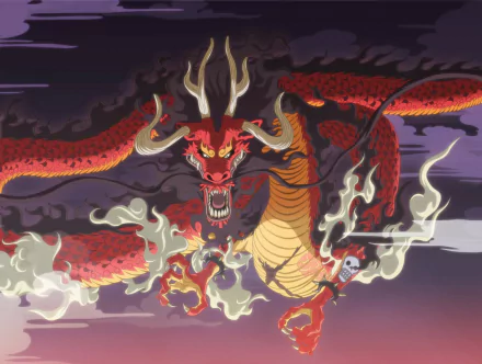 HD PC wallpaper of Kaido (One Piece) as a towering red dragon coiling through stormy skies, smoke and flames curling around his horned head — anime One Piece illustration.