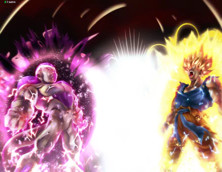 HD Dragon Ball Z desktop wallpaper featuring Goku in Super Saiyan form and Frieza surrounded by intense energy auras against a dark, glowing background.