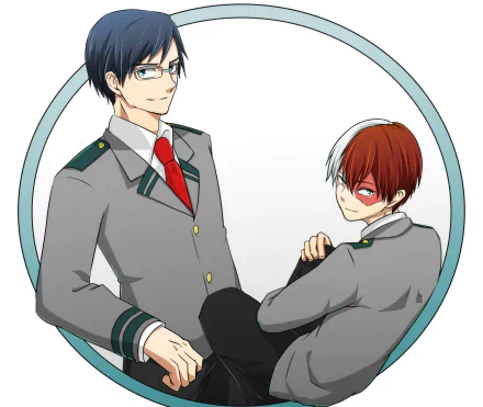 HD PC desktop wallpaper of My Hero Academia characters Tenya Iida and Shoto Todoroki in U.A. uniforms, Iida standing and Todoroki seated inside a pale circular frame.
