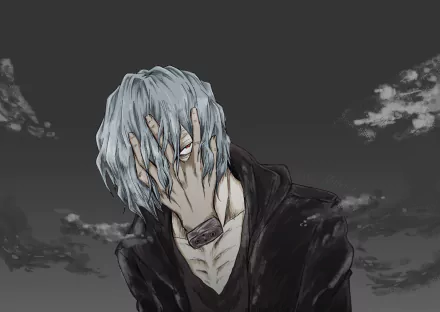HD anime wallpaper of Tomura Shigaraki from My Hero Academia, featuring his distinctive pale hair and hand covering his face against a dark, cloudy background.
