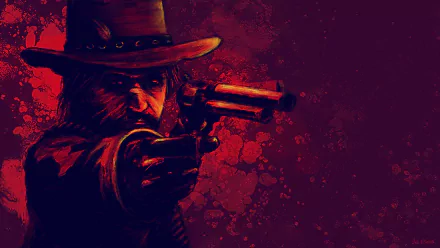 HD PC desktop wallpaper featuring John Marston from the video game Red Dead Redemption 2, depicted aiming a revolver against a dark red textured background.