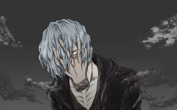 HD anime wallpaper of Tomura Shigaraki from My Hero Academia, featuring his distinctive pale hair and hand covering his face against a dark, cloudy background.